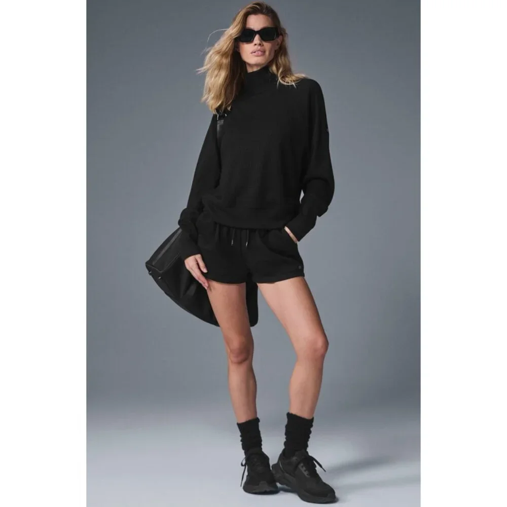 Alo Waffle Weekend Escape Mock Neck Long Sleeve Black Turtleneck Thermal Sweater